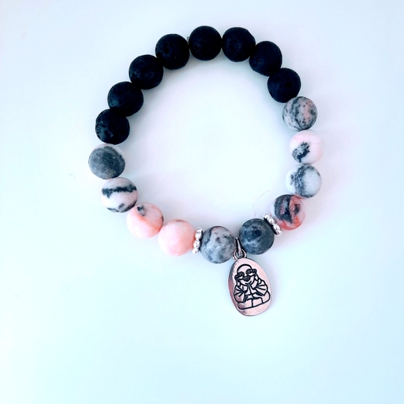 Pink zebra Matt gemstone bracelet with Buddha charm lava beads, essential Oil - Picture 2 of 2